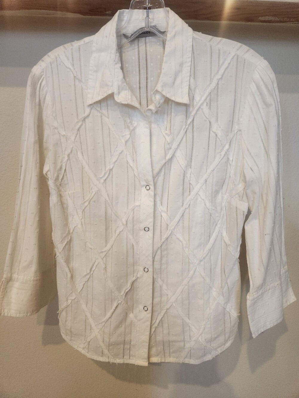 Express Brand Women's Sheer White Textured Snap-Front Shirt - Classic Collar